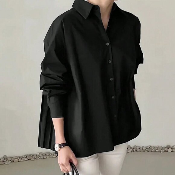 Black Casual Women's Loose Pleated Oversize Elegant Long-sleeved shirt - Picture 3 of 4